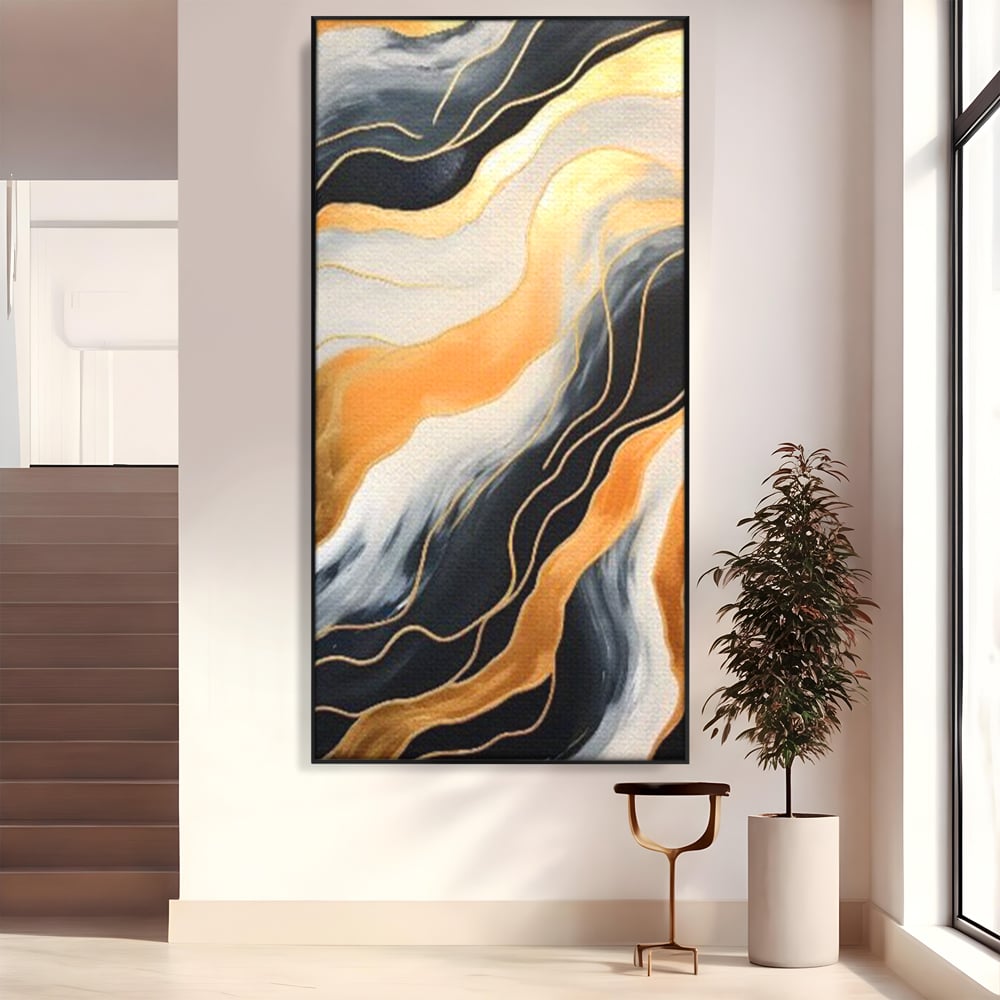 Tablou canvas cu pictura abstracta cu valuri aurii, in rama de aluminiu negru